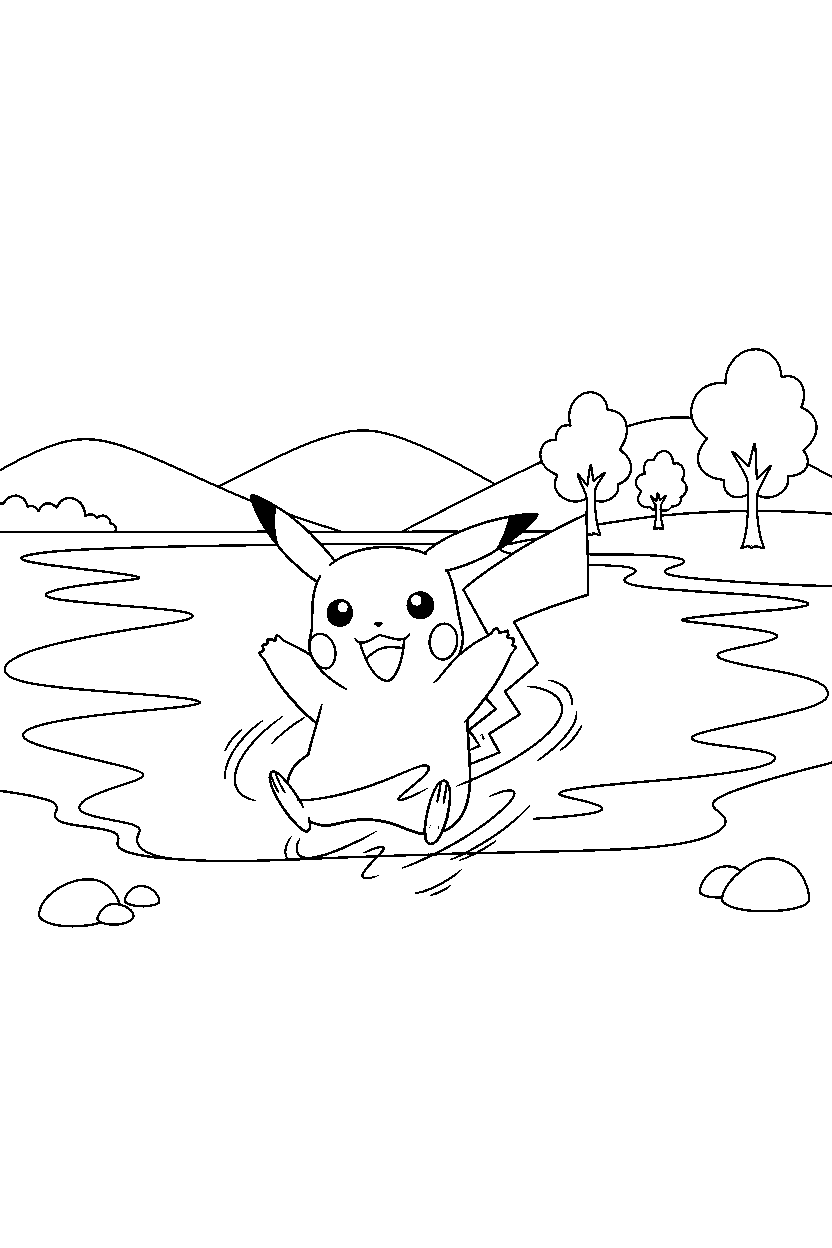 pokemon pikachu spinning happily near a peaceful lake line art