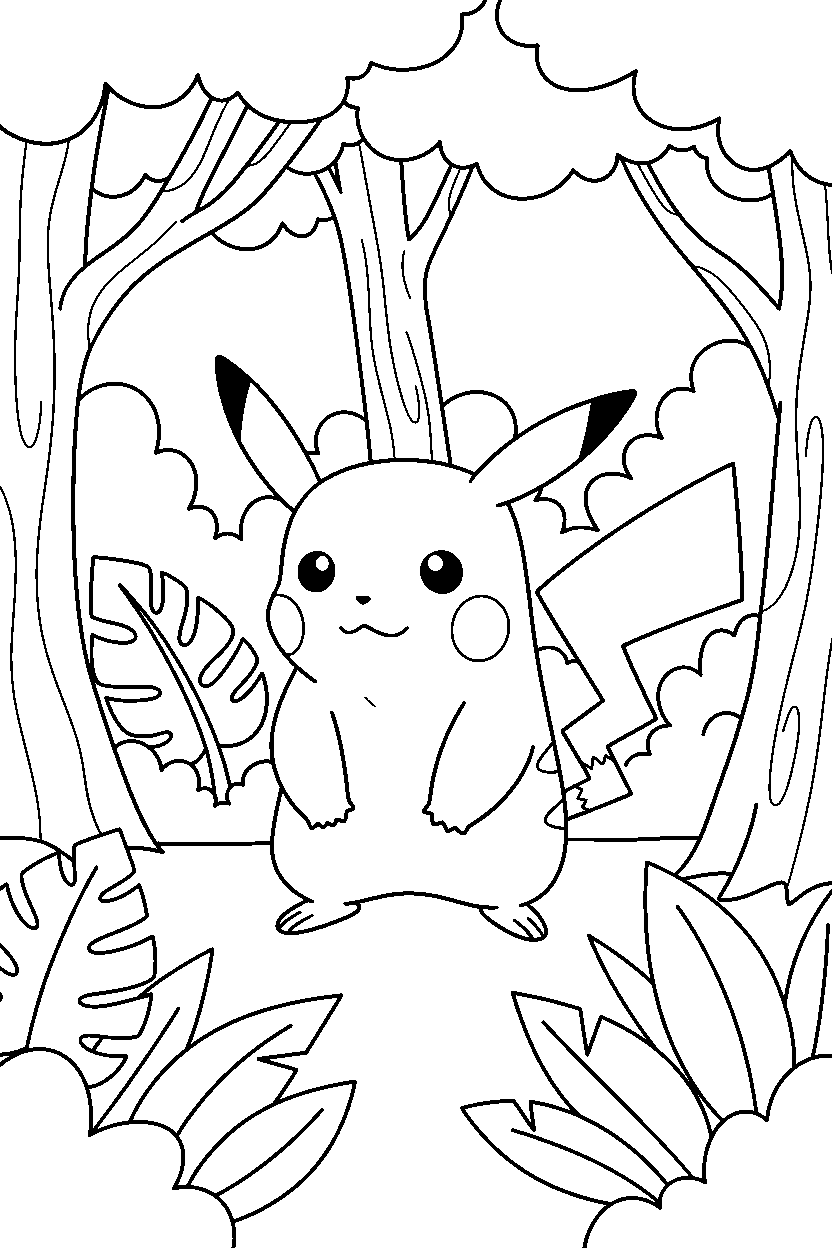 pokemon pikachu standing calmly in jungle line art