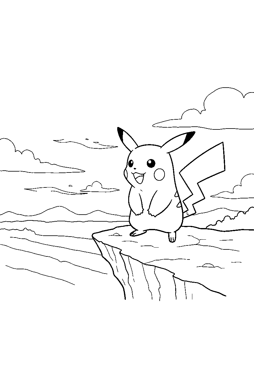 pokemon pikachu standing calmly on cliff line art