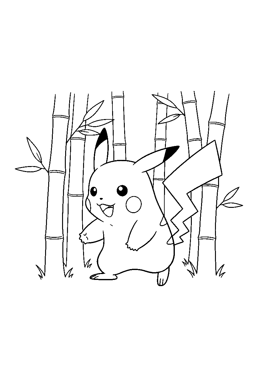 pokemon pikachu walking gently in a bamboo forest line art