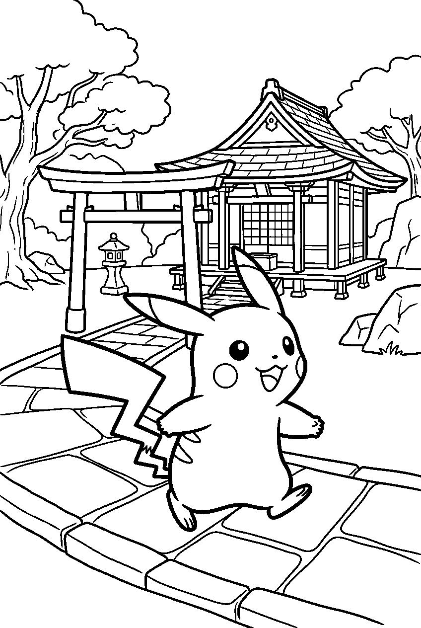 pokemon pikachu walking in legendary shrine line art