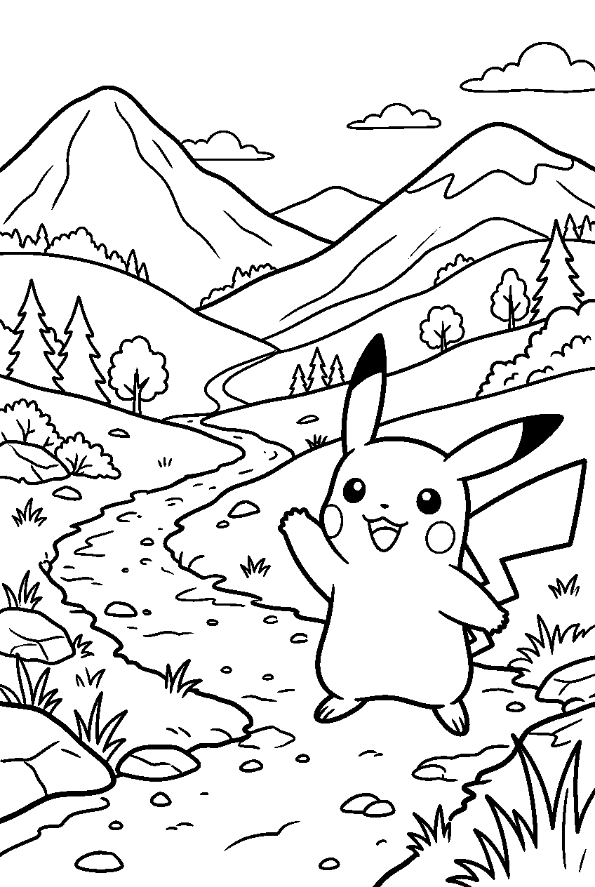 pokemon pikachu waving in mountain trail line art