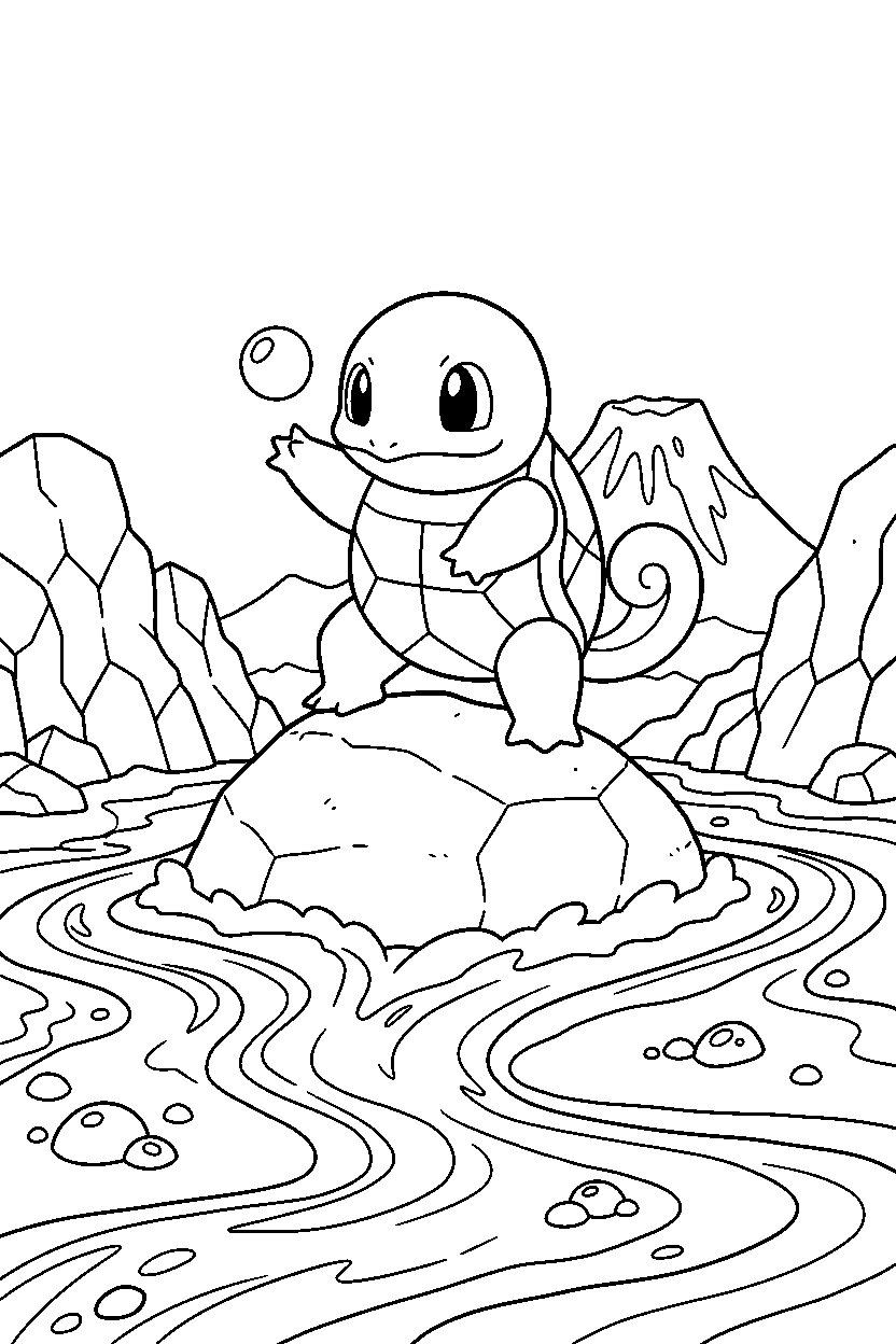 pokemon squirtle balancing in lava area line art