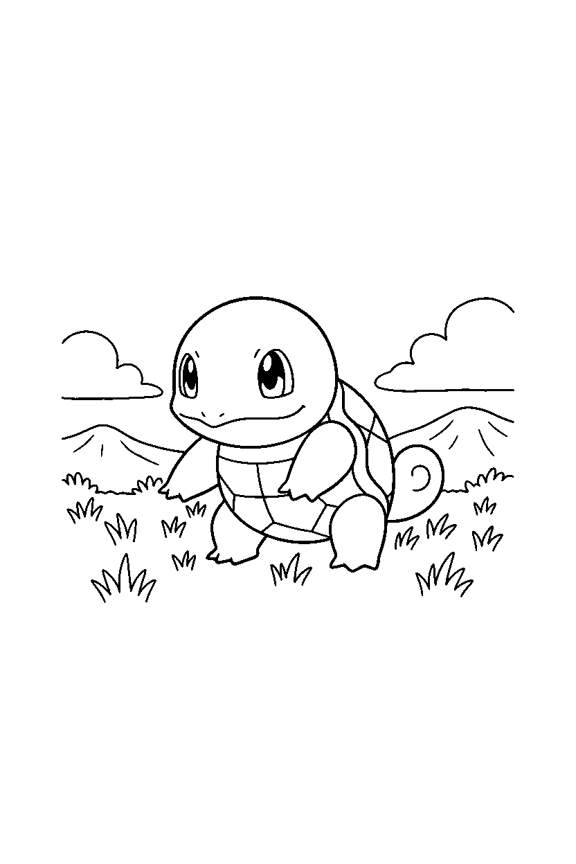 pokemon squirtle exploring in grassy field line art