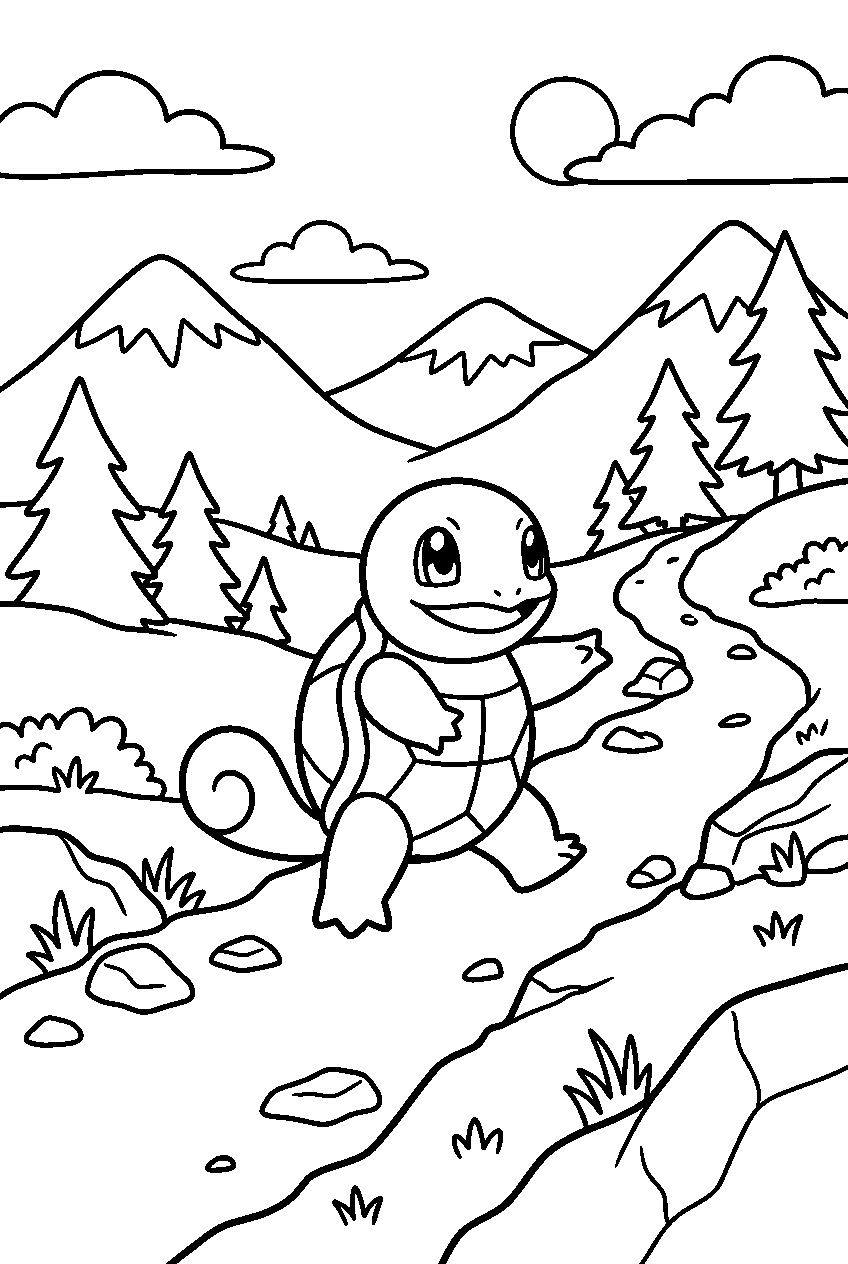 pokemon squirtle exploring in mountain trail line art