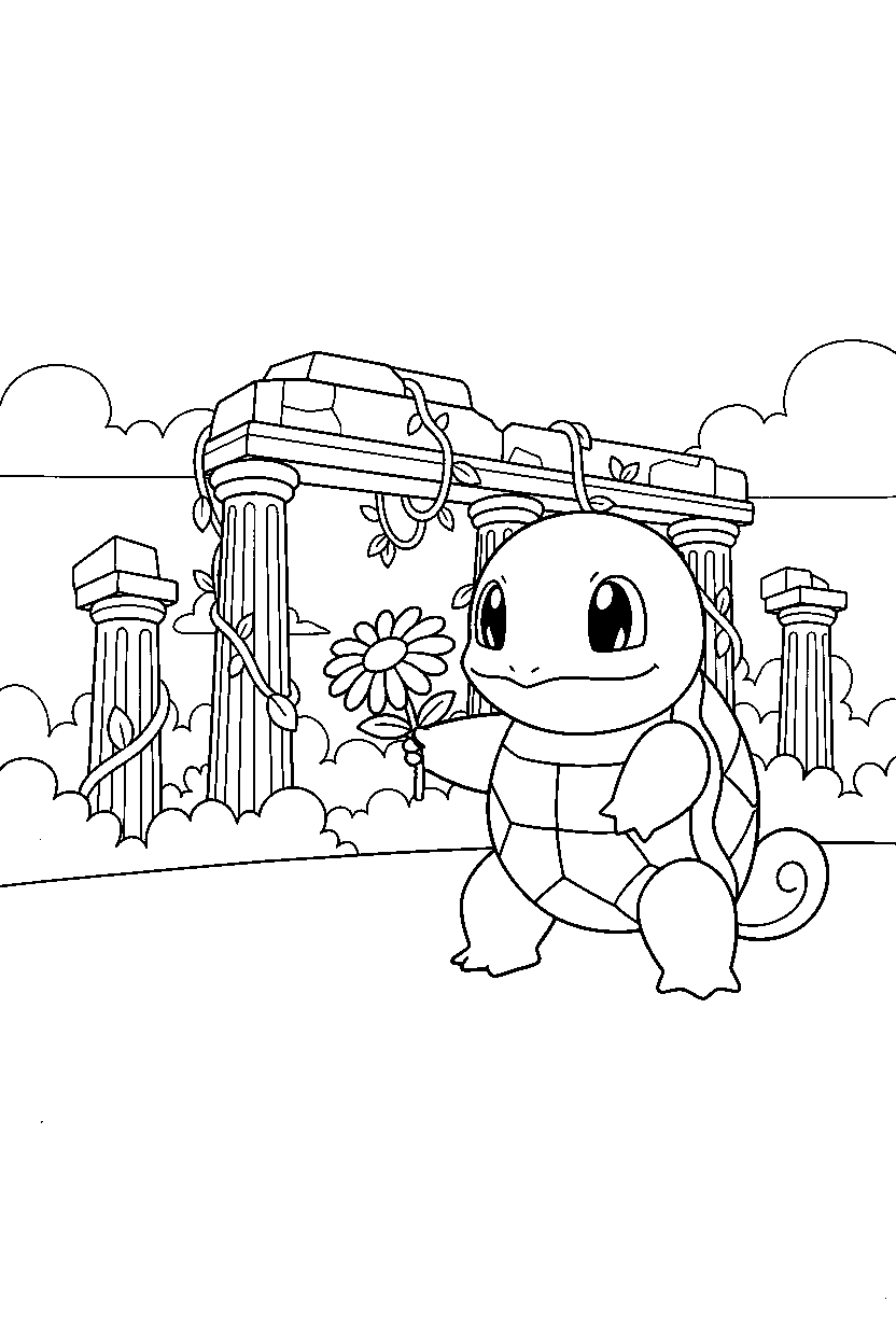 pokemon squirtle holding a flower near ancient ruins line art