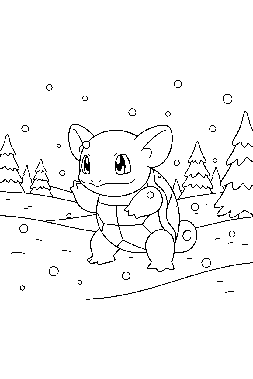 pokemon squirtle listening carefully in a snowy field line art
