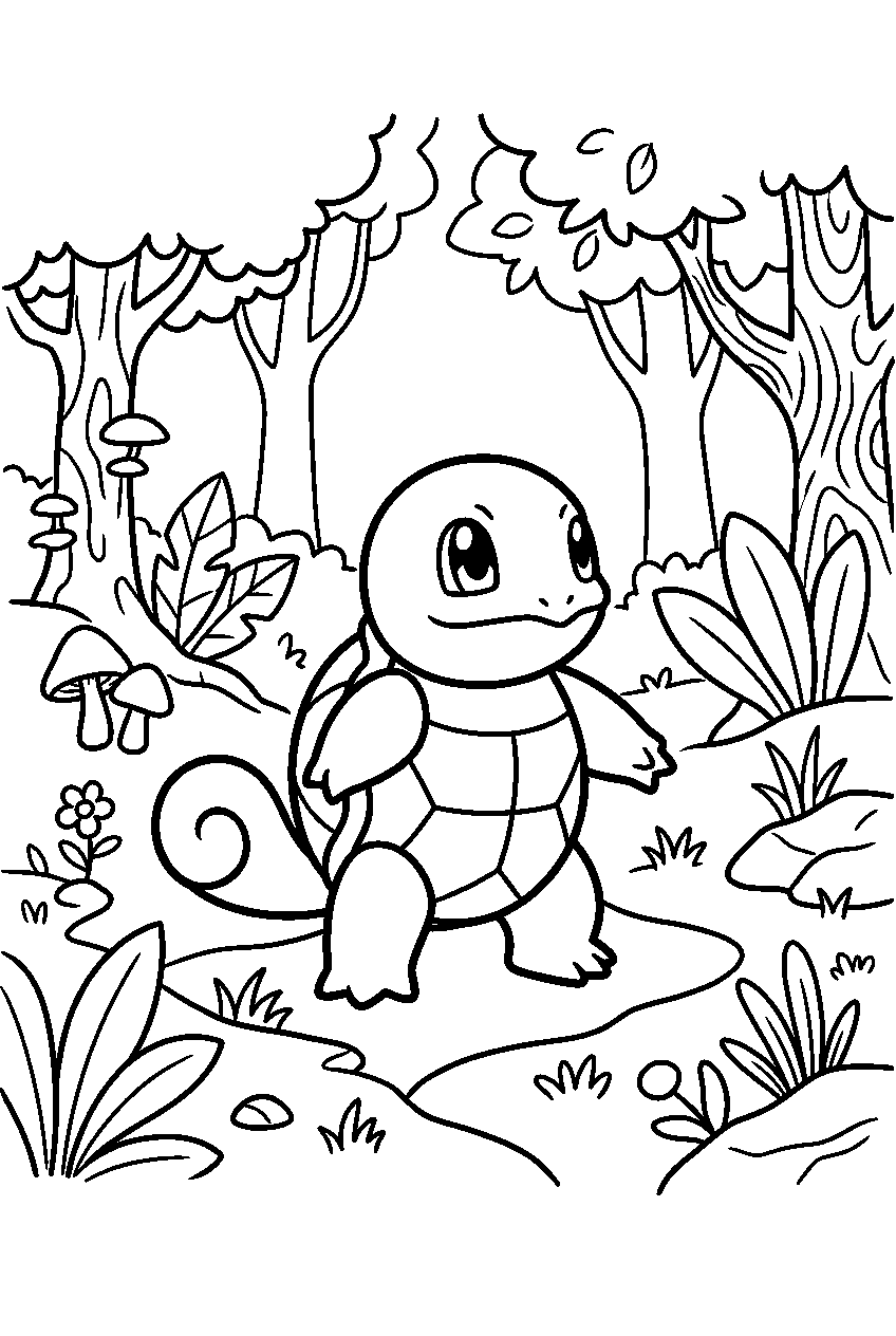 pokemon squirtle looking around in magical forest line art