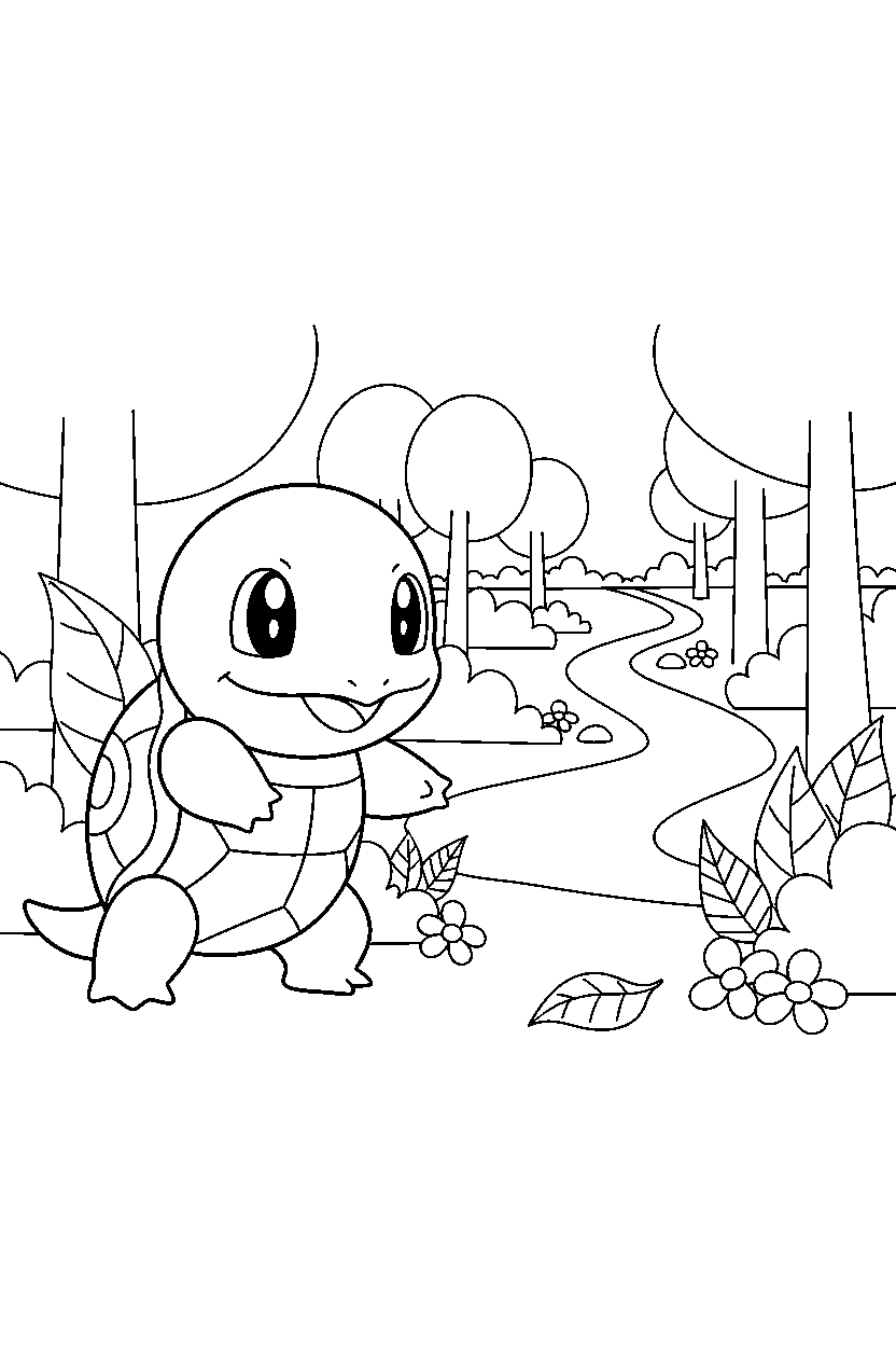 pokemon squirtle looking curious near a forest path line art
