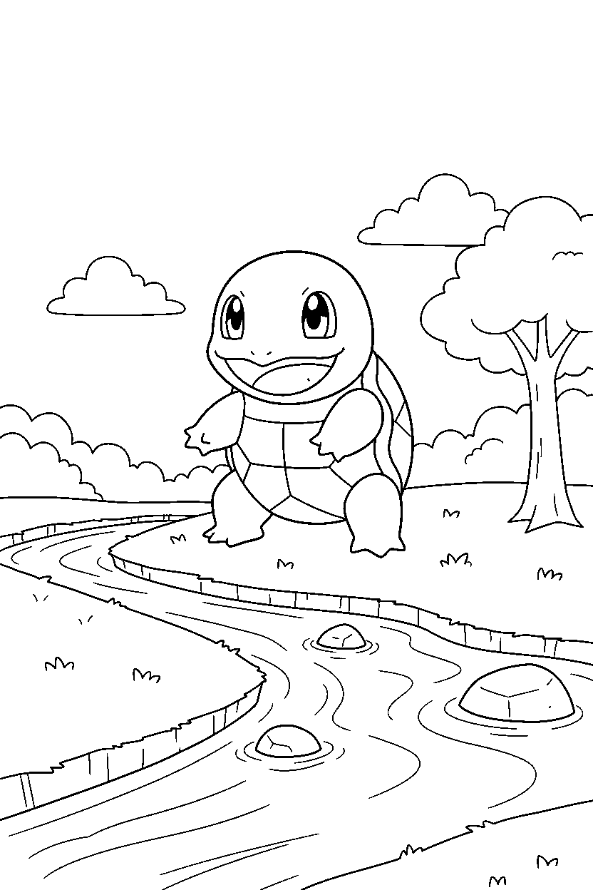 pokemon squirtle looking happy near a river line art