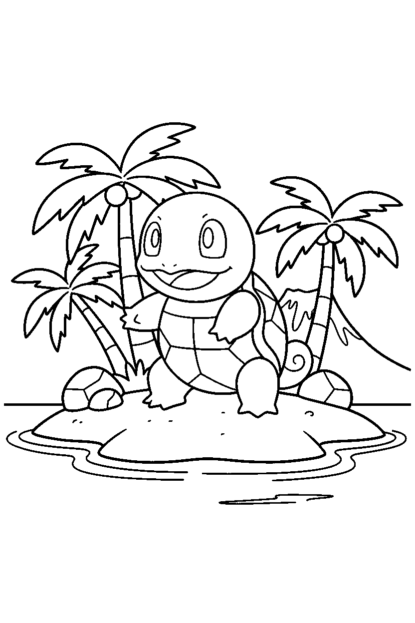 pokemon squirtle looking surprised on a tropical island line art