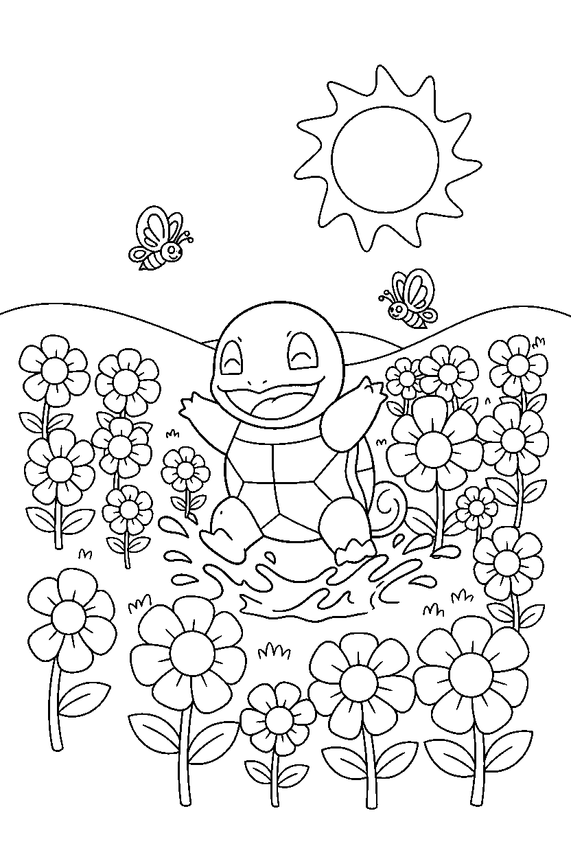 pokemon squirtle playing happily in a flower field line art