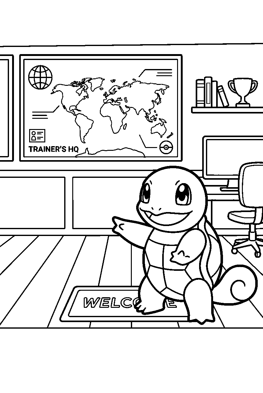 pokemon squirtle pointing in trainer headquarters line art