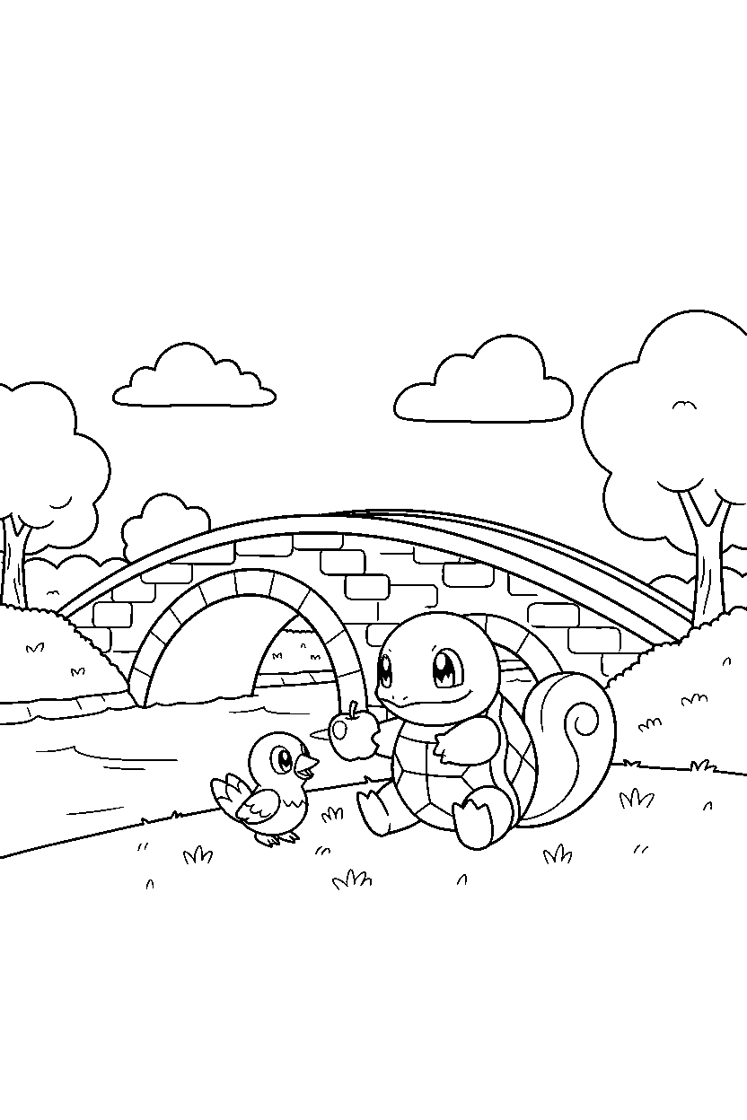 pokemon squirtle sharing a snack near a bridge line art