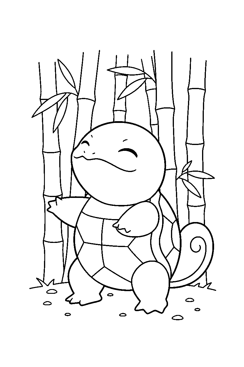 pokemon squirtle sniffing the air in a bamboo forest line art