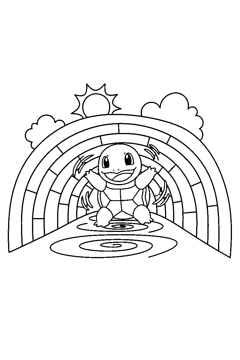 pokemon squirtle spinning happily in a rainbow valley line art