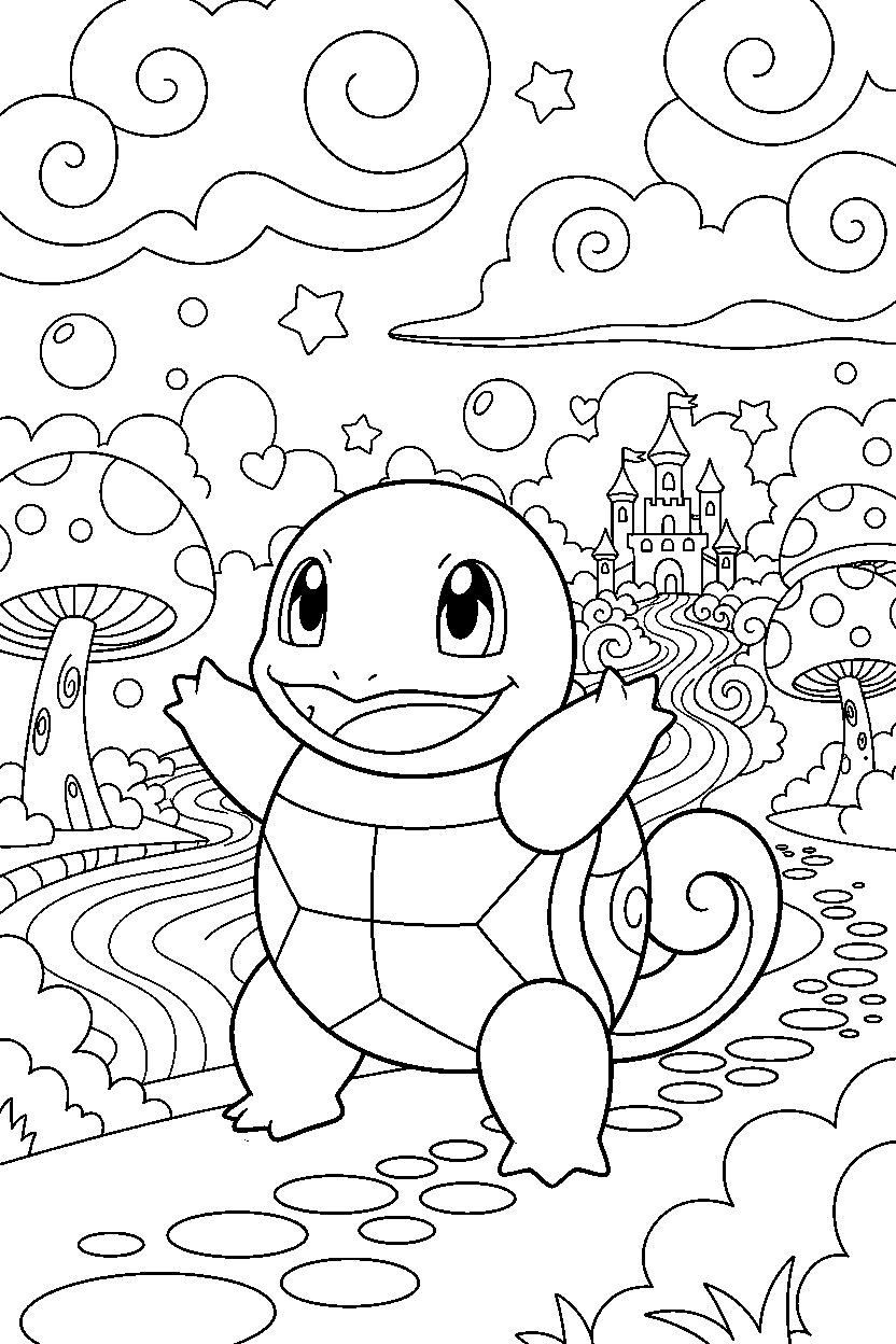 pokemon squirtle stretching happily in a magical landscape line art
