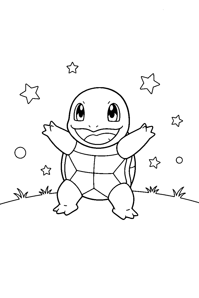pokemon squirtle stretching happily on a starry night field line art
