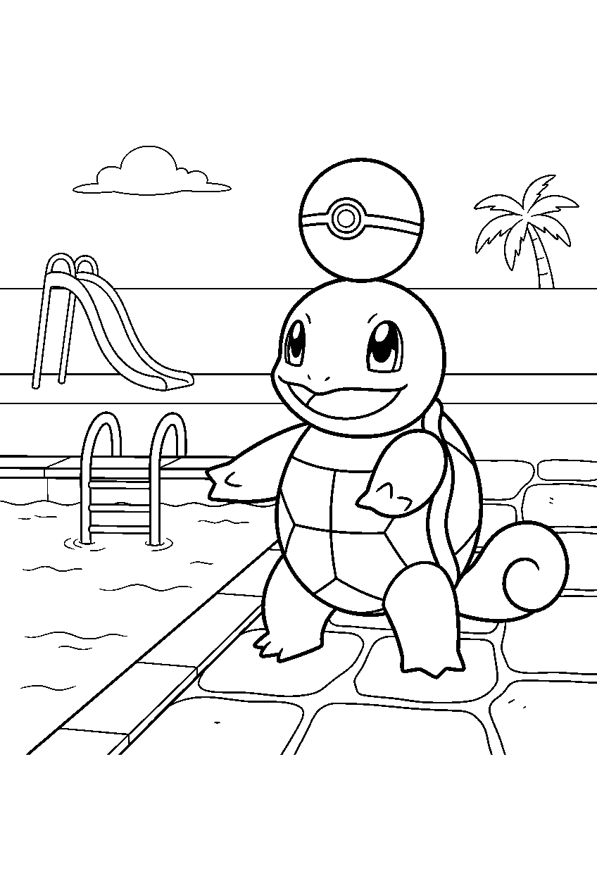 squirtle balancing a pokeball on its head beside a swimming pool line art
