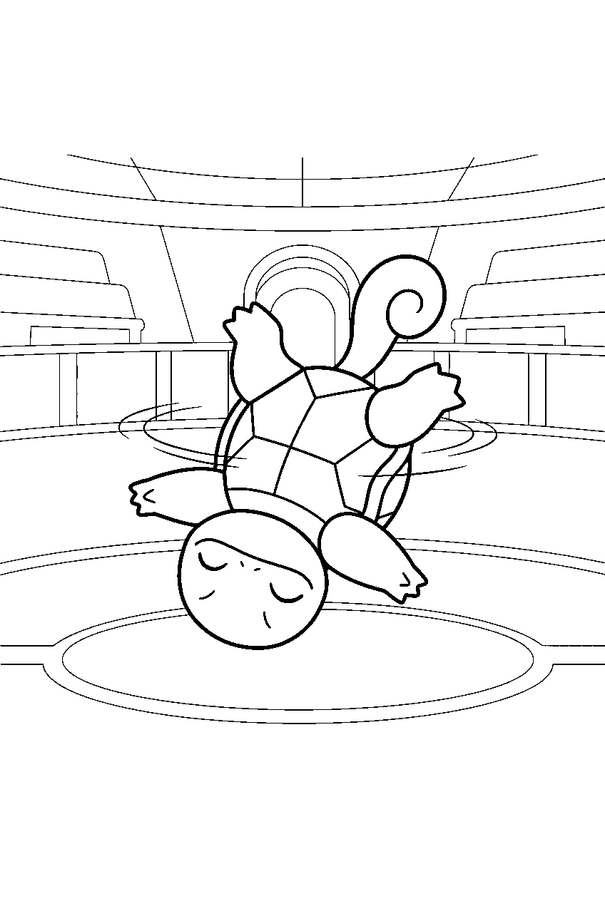 squirtle balancing on its shell while spinning in a stadium arena line art