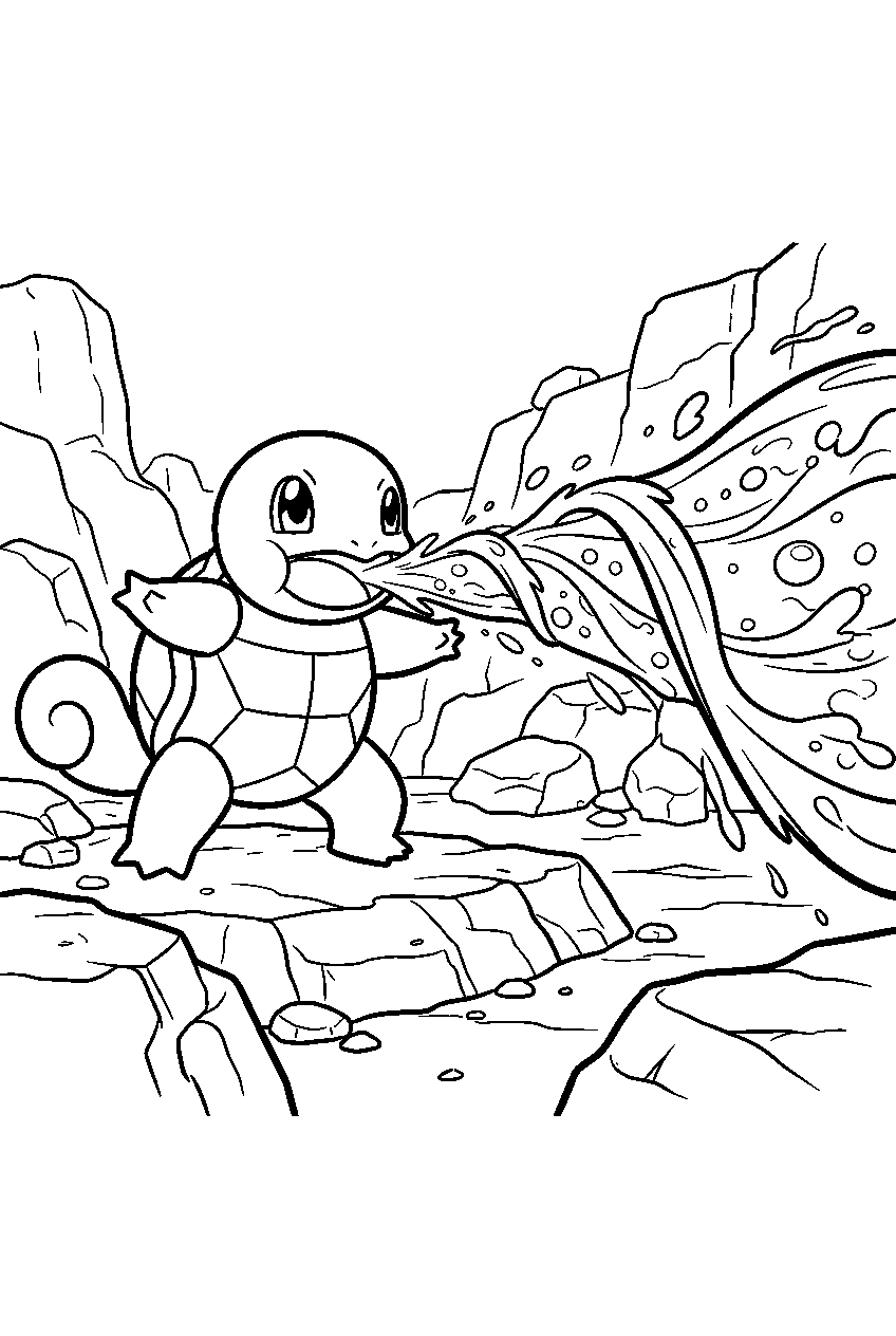 squirtle blasting water gun across a rocky battle arena line art