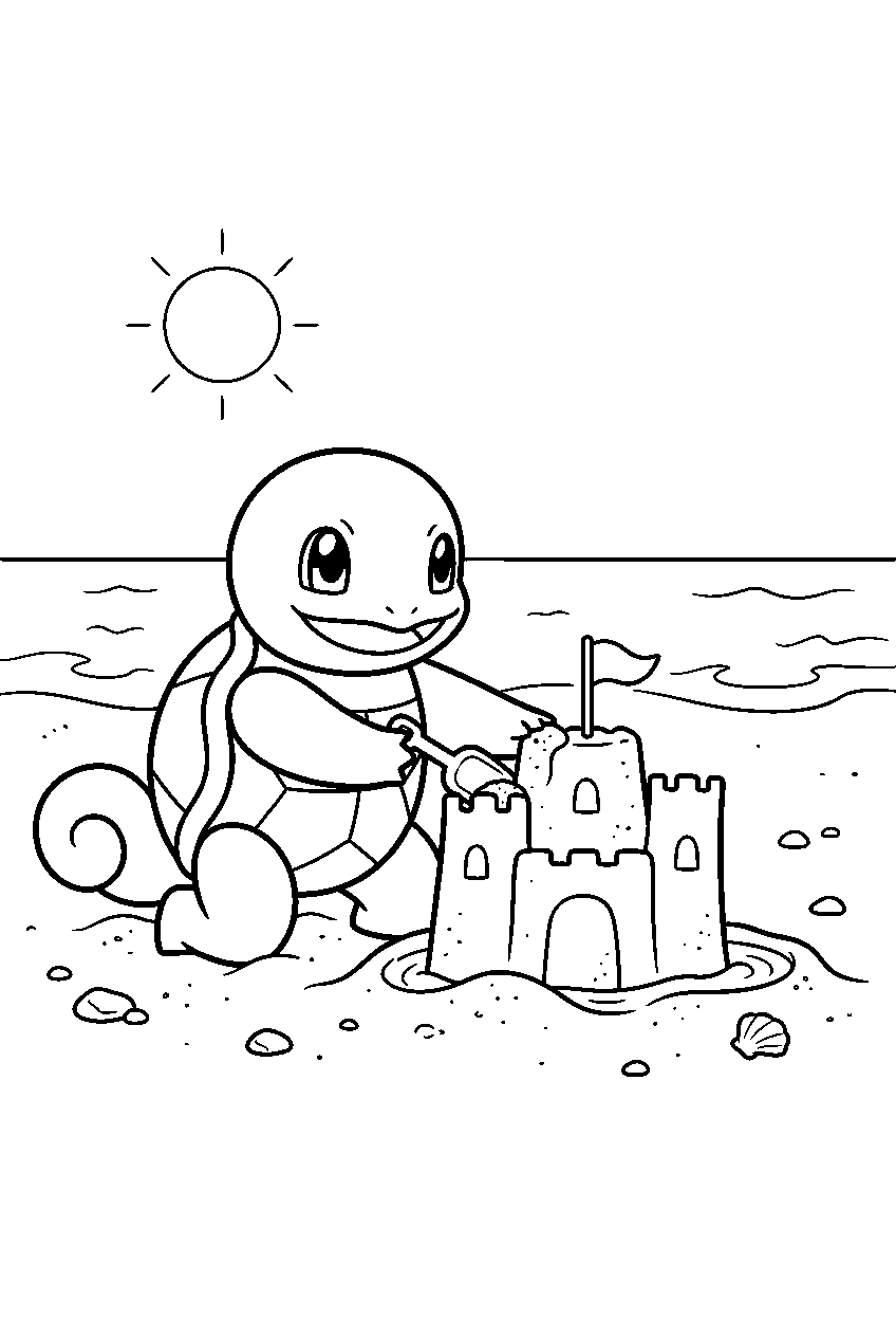 squirtle building a sandcastle on a sunny beach line art