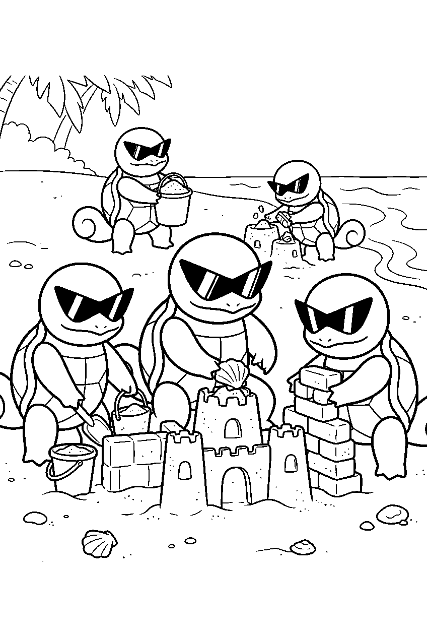 squirtle building sandcastles with the squirtle squad on a tropical beach line art