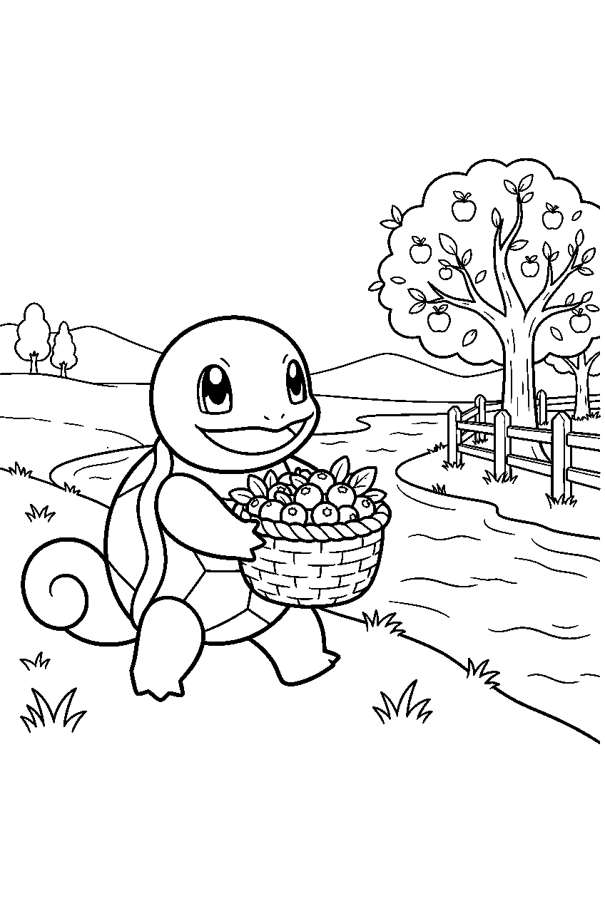 squirtle carrying a berry basket beside a riverside orchard line art