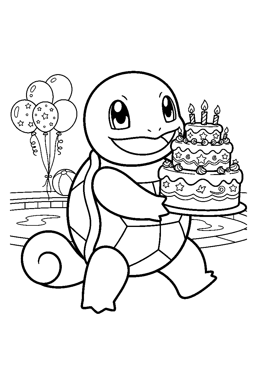 squirtle carrying a birthday cake beside balloons at a poolside party line art