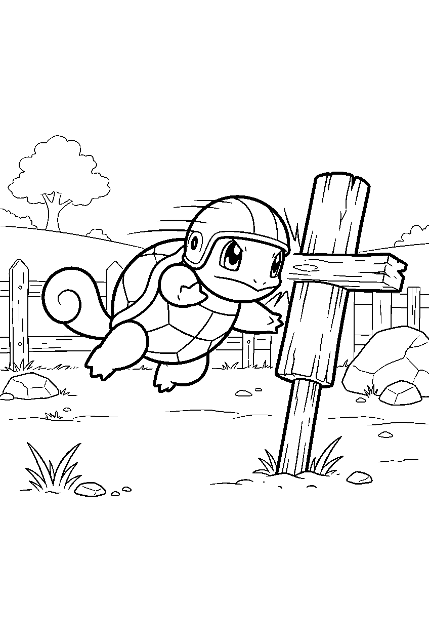 squirtle charging skull bash toward a training dummy in an outdoor gym line art