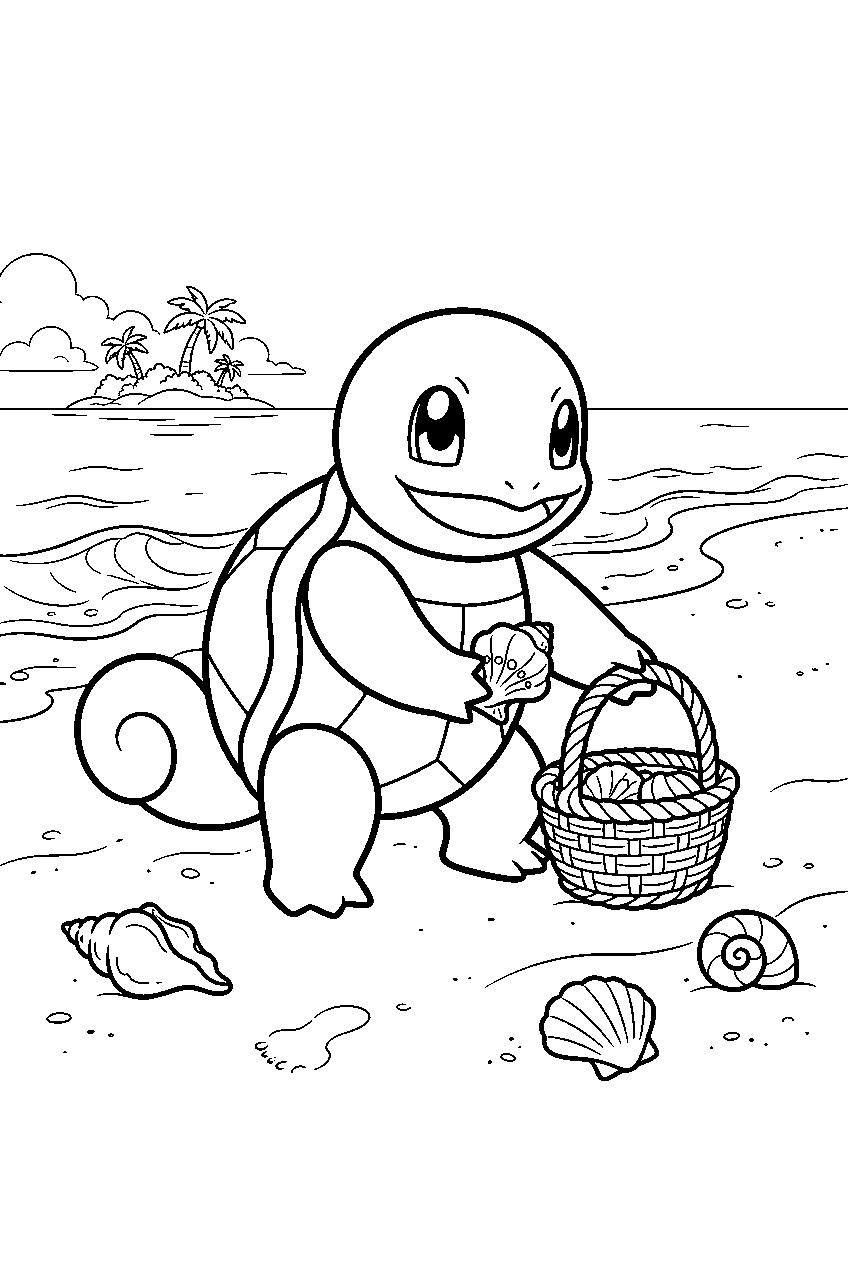 squirtle collecting seashells along an island shore line art