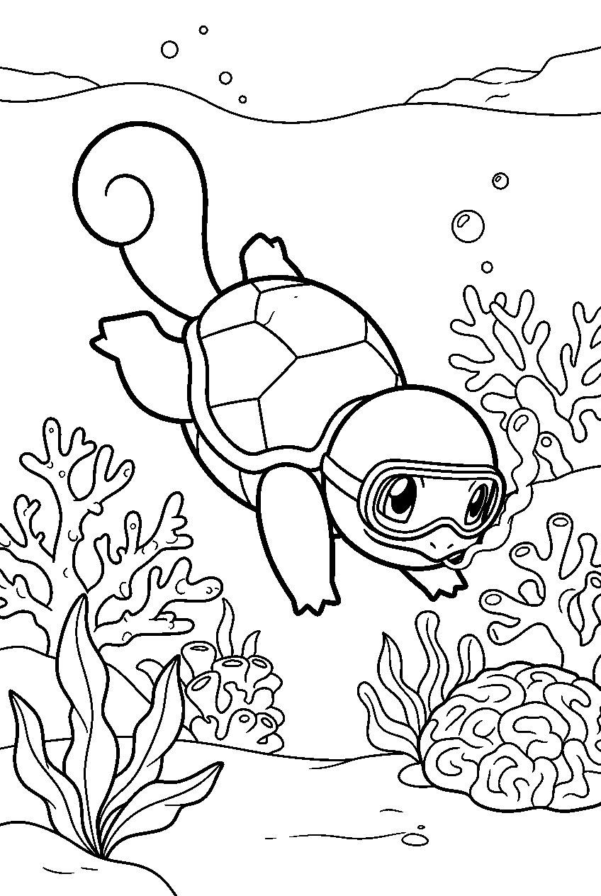 squirtle diving among coral inside a tropical lagoon line art
