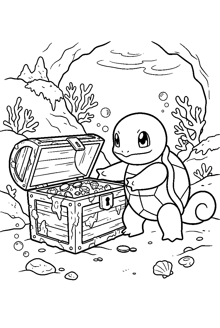 squirtle exploring a sunken treasure chest inside an underwater cave line art