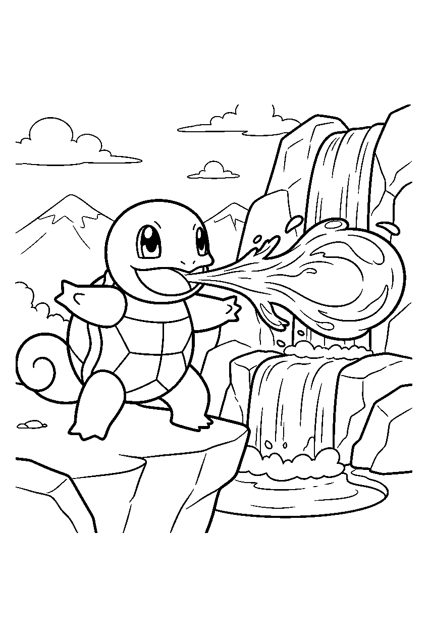 squirtle firing hydro pump beside a mountain waterfall line art