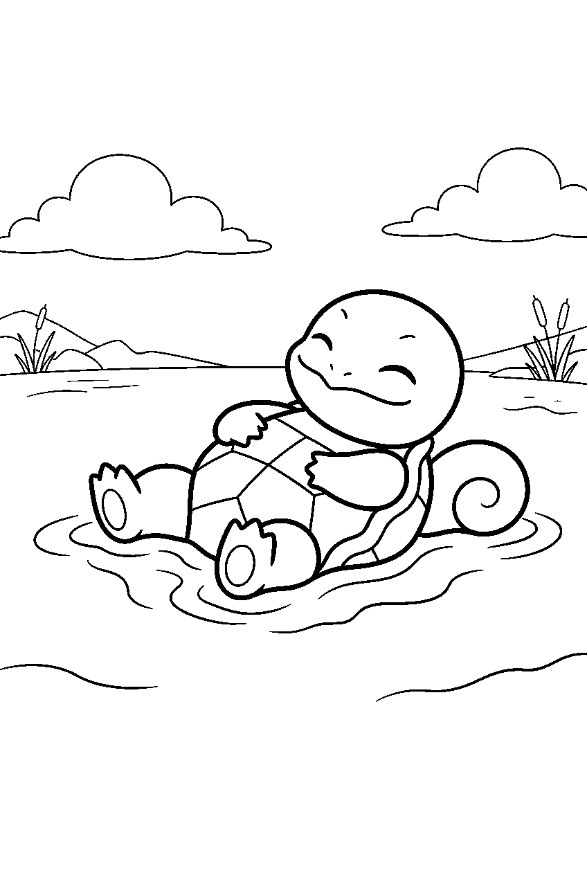 squirtle floating on its back beneath clouds in a calm lake line art