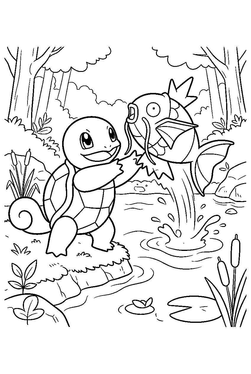 squirtle helping magikarp leap from a forest pond line art