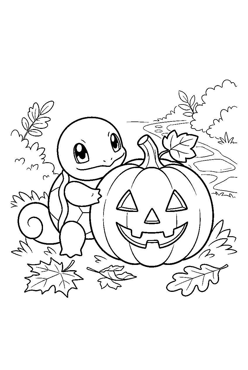 squirtle hiding beside a jack o lantern in an autumn garden line art