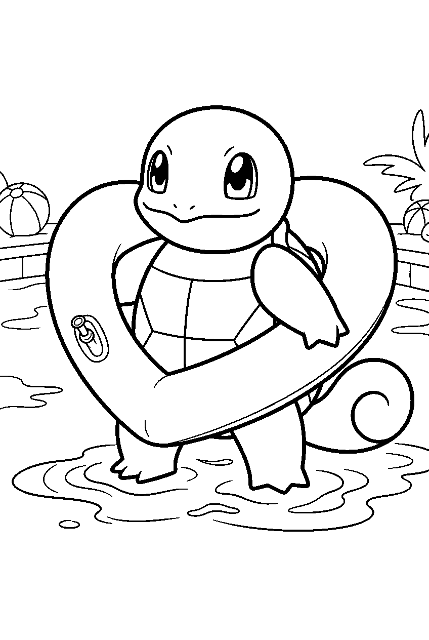 squirtle holding a heart shaped float at a summer pool party line art