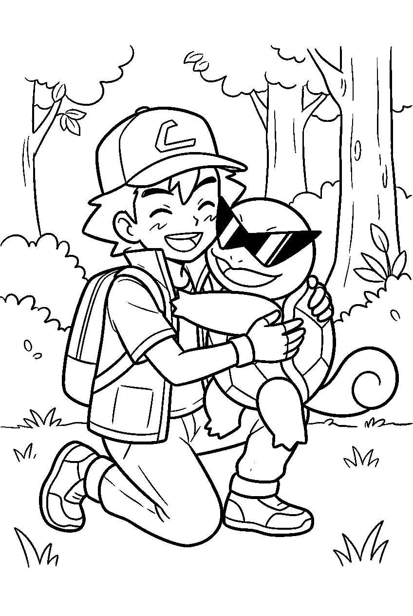 squirtle hugging ash during a squirtle squad reunion in a forest line art