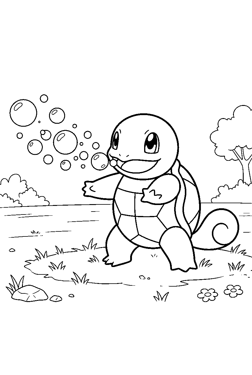 squirtle launching bubble inside a grassy training field line art