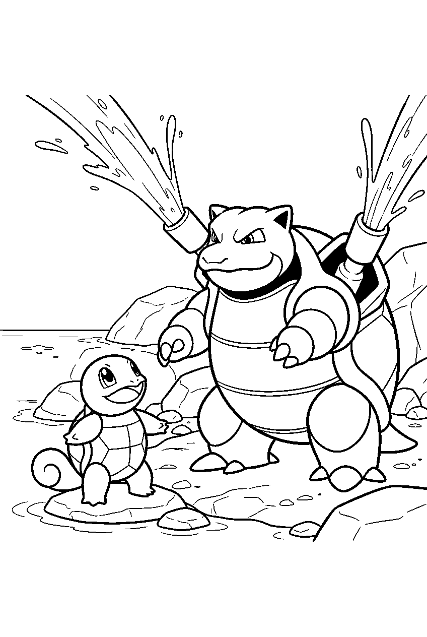 squirtle looking up at blastoise firing water cannons beside a rocky lake line art