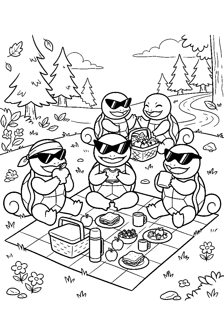 squirtle picnicking with the squirtle squad in a forest clearing line art