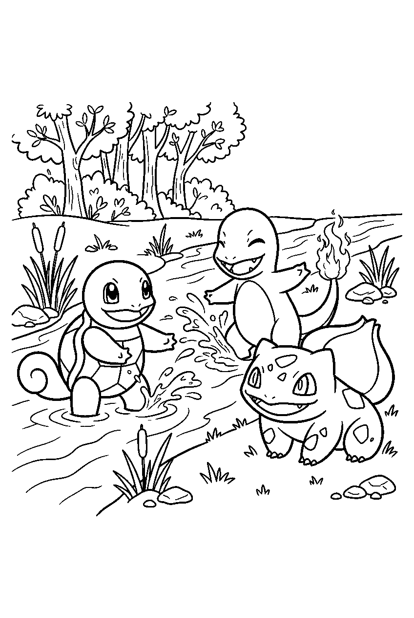 squirtle playing with charmander and bulbasaur beside a woodland stream line art