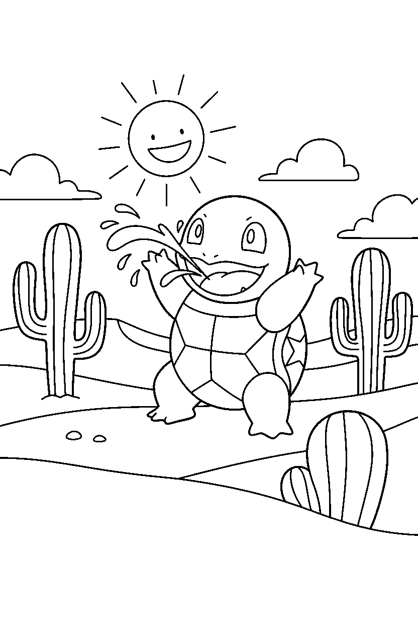 squirtle pokemon looking excited in a desert line art