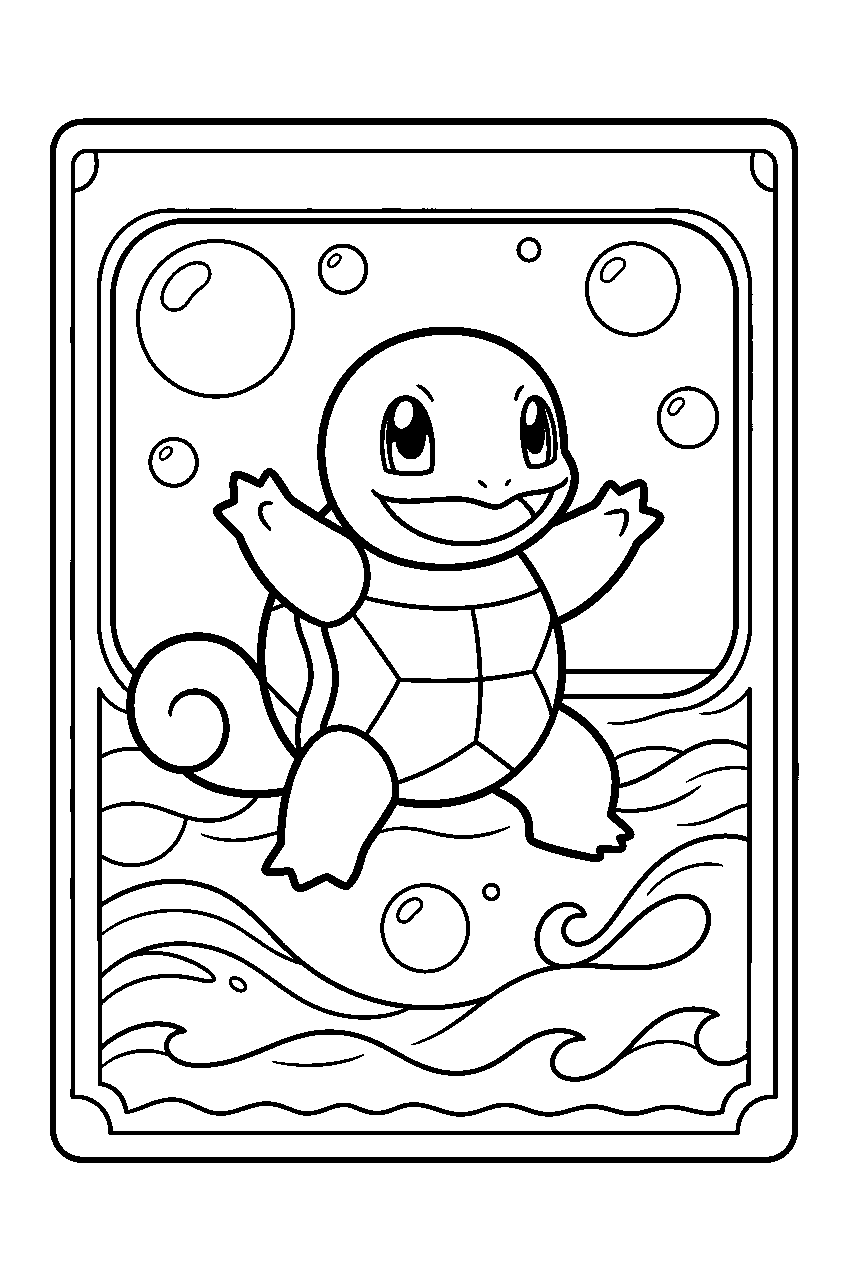 squirtle posing inside a pokemon trading card frame with bubbles and waves line art