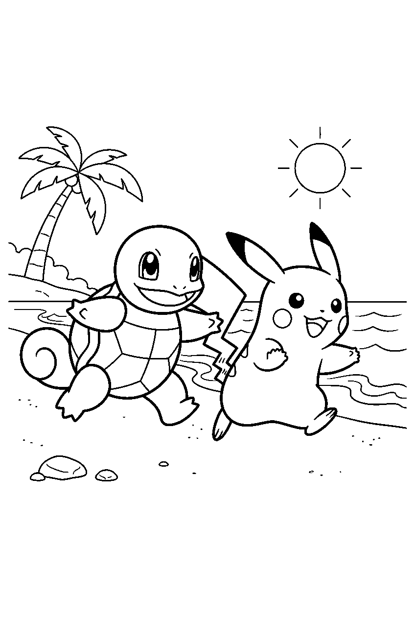 squirtle racing pikachu along a tropical shoreline line art