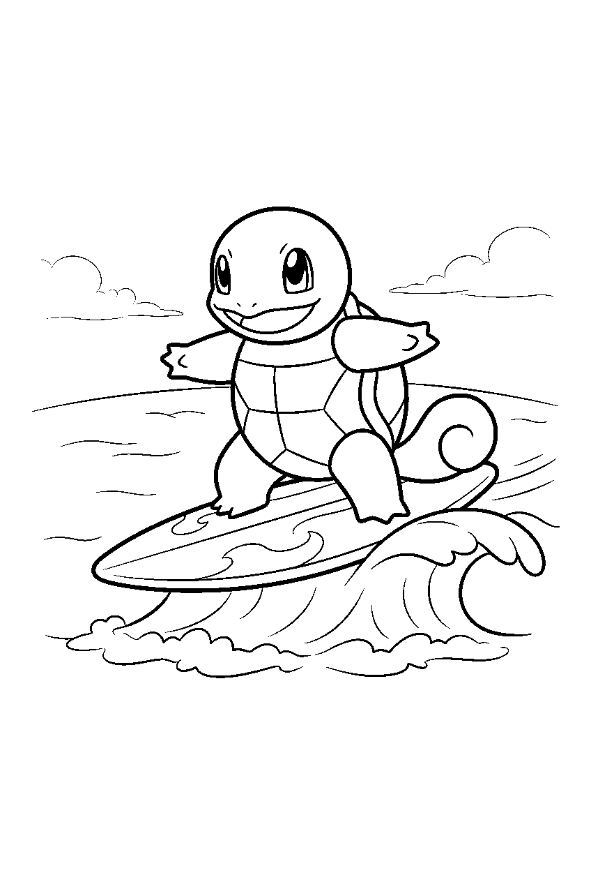 squirtle riding a surfboard across a small ocean wave line art