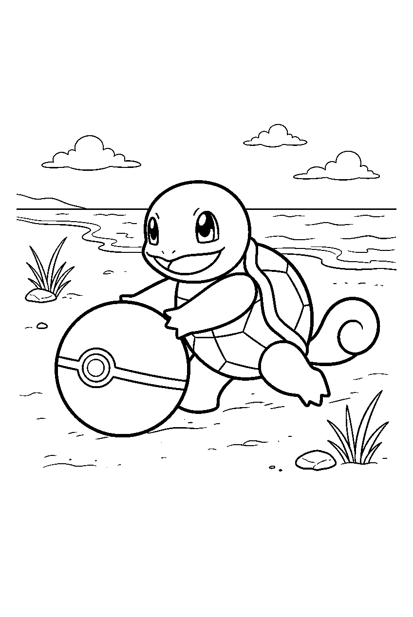 squirtle rolling a pokeball across a beach training yard line art