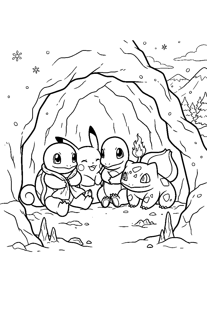 squirtle sheltering with pikachu charmander and bulbasaur inside a snowy cave line art