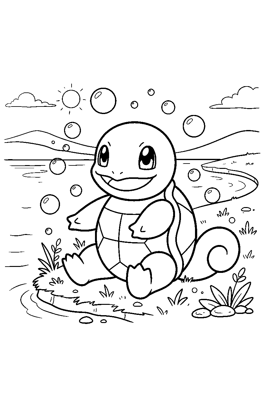 squirtle sitting happily among bubbles beside a clear lake line art